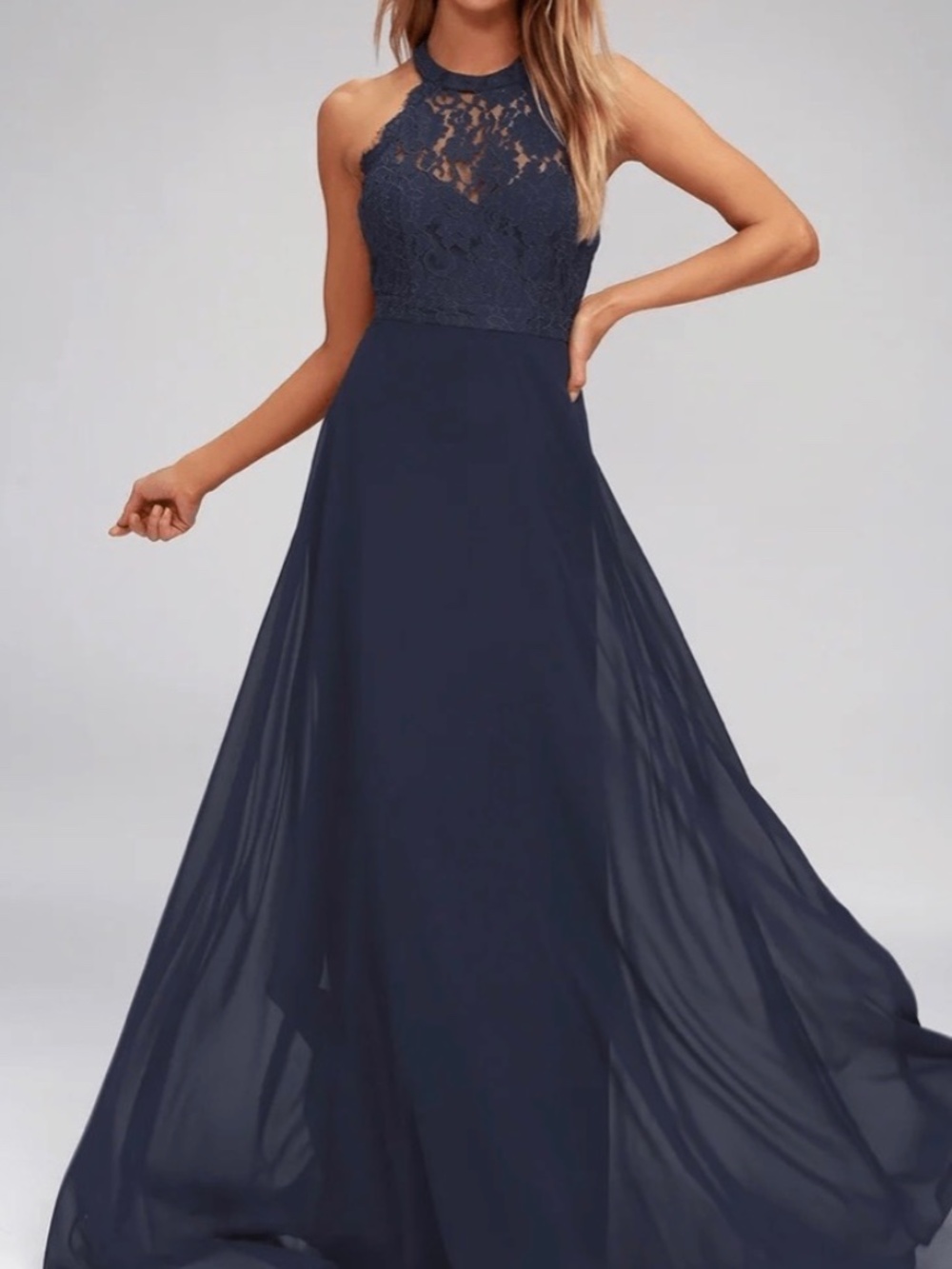 ⭐️ Lulu’s Navy Lace & Chiffon “Dance All Evening” Halter Maxi Dress - size S